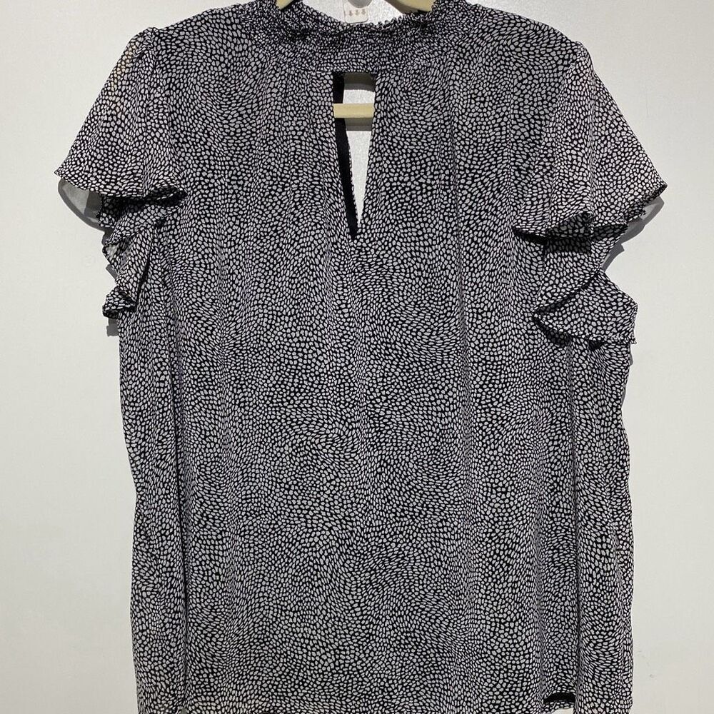 1.STATE Womens Black White Micro Dot Smocked High Neck Ruffle Blouse New
